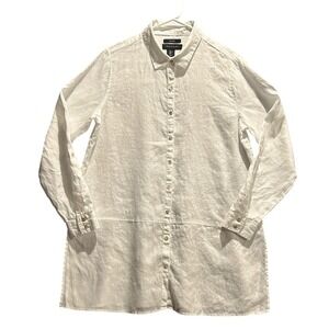 Tahari Womens White 100% Linen Long Sleeve Button Down Tunic Shirt Size Large